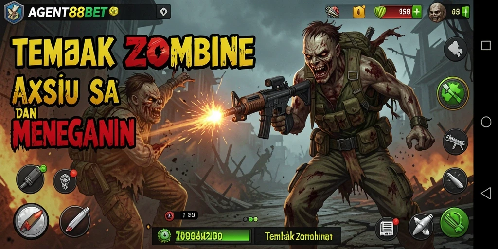 Tampilan antarmuka permainan AGENT88BET yang penuh aksi dengan zombie.
